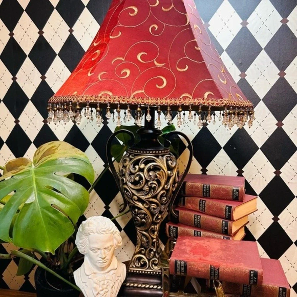 Moody Vintage Table Lamp‎ with Deep Burgundy Shade| Ornate Baroque Decor